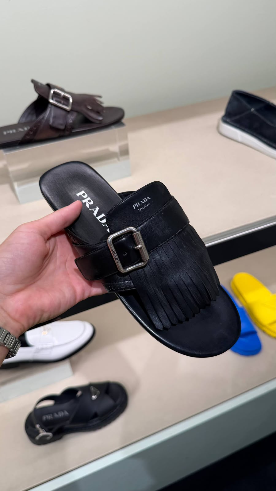 Brushed Leather Slides with Fringe