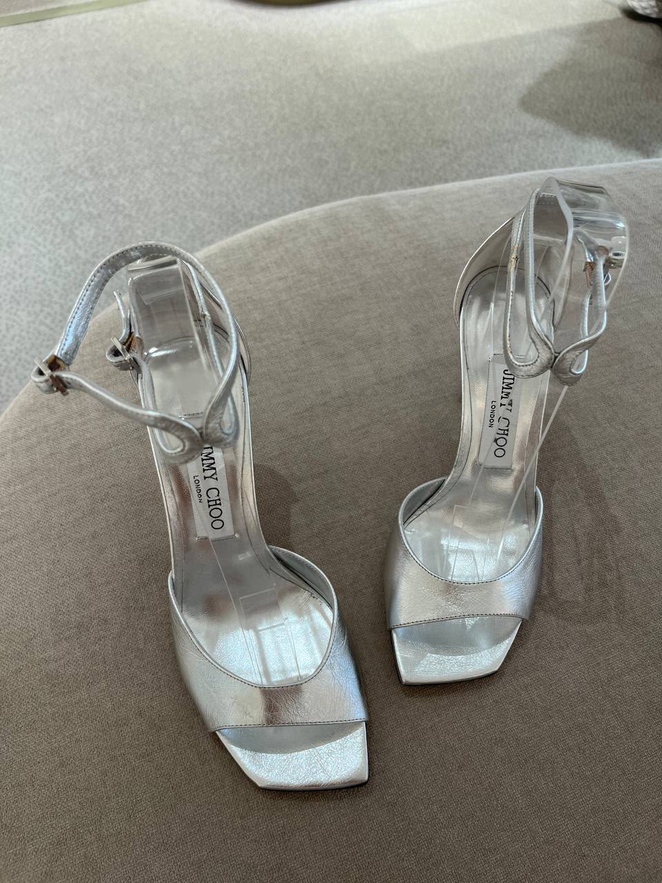 Silver Metallic Leather Ankle Strap Sandals