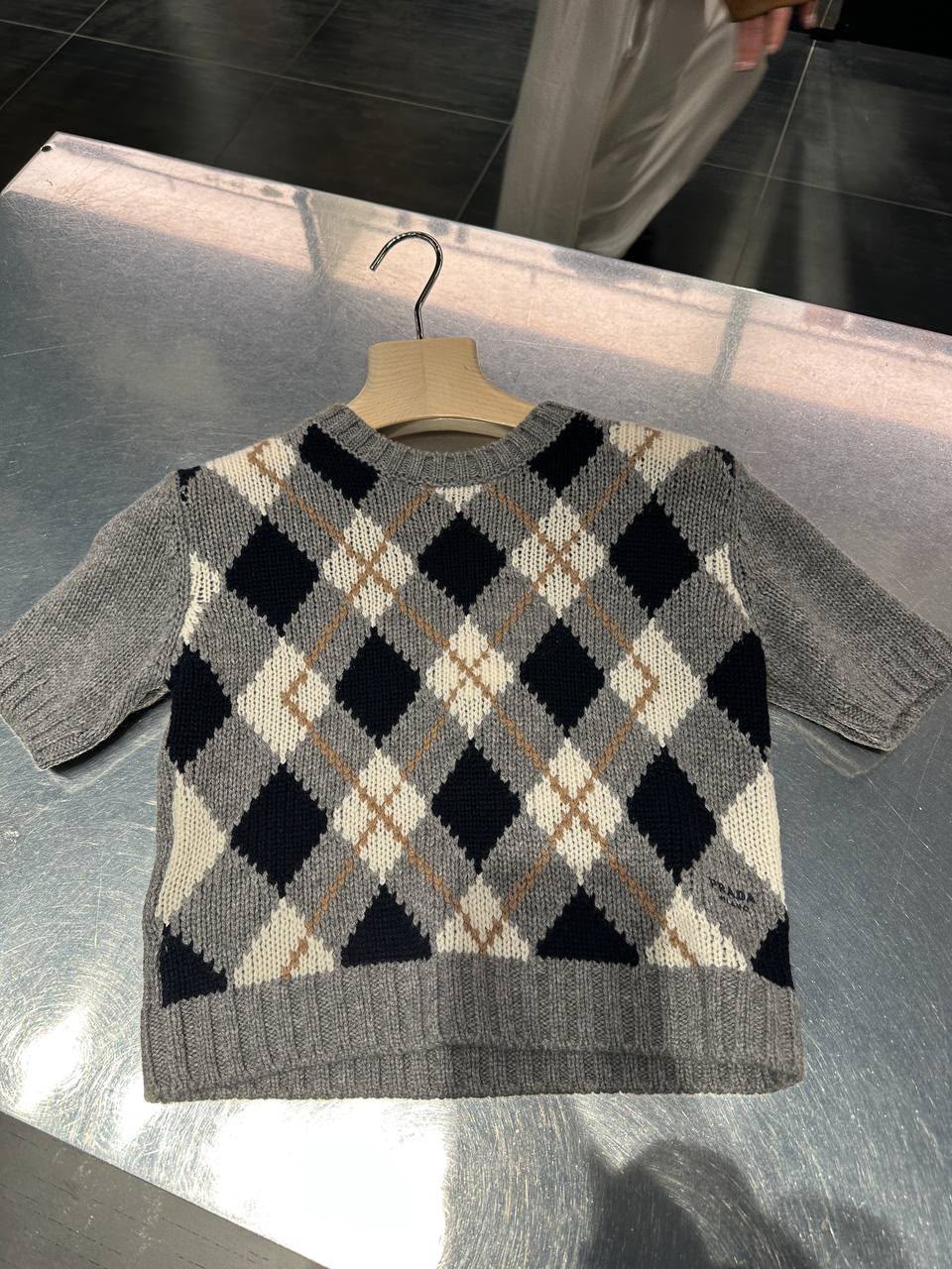 Argyle knit short-sleeve sweater