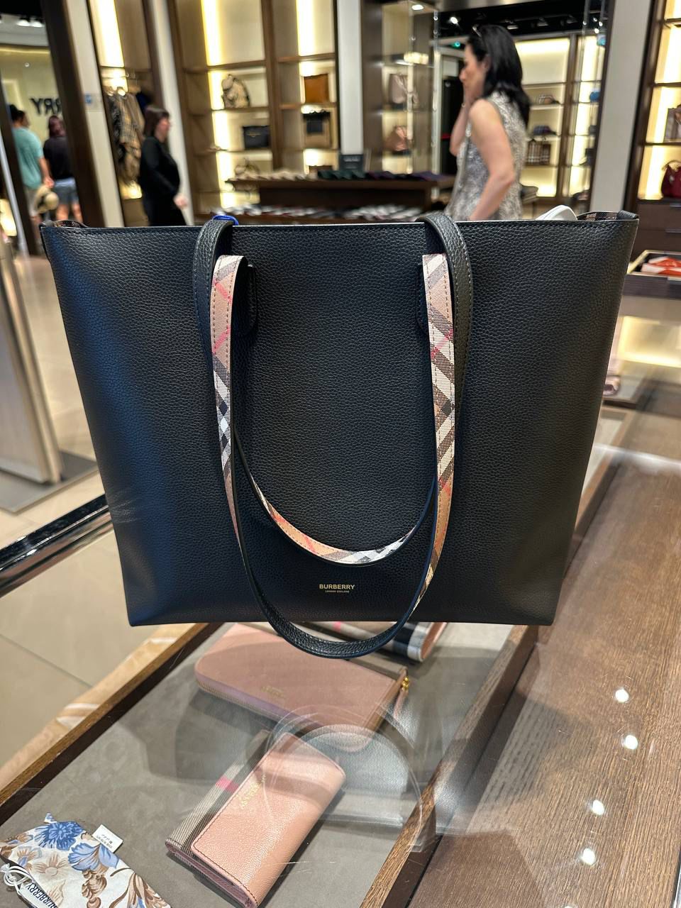 Grainy Leather Tote Bag with Check Straps