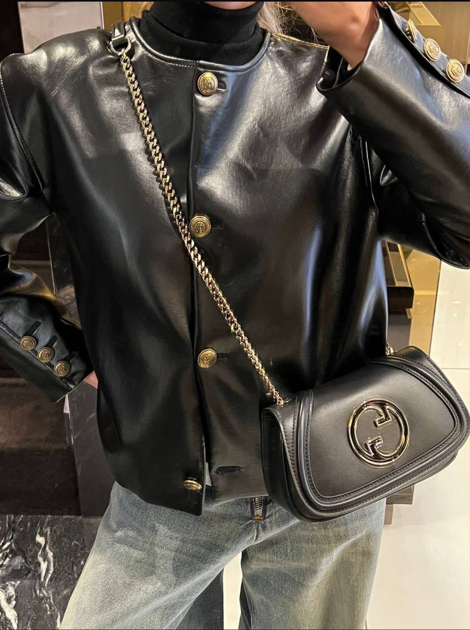 Leather Jacket with Gold-Tone Buttons