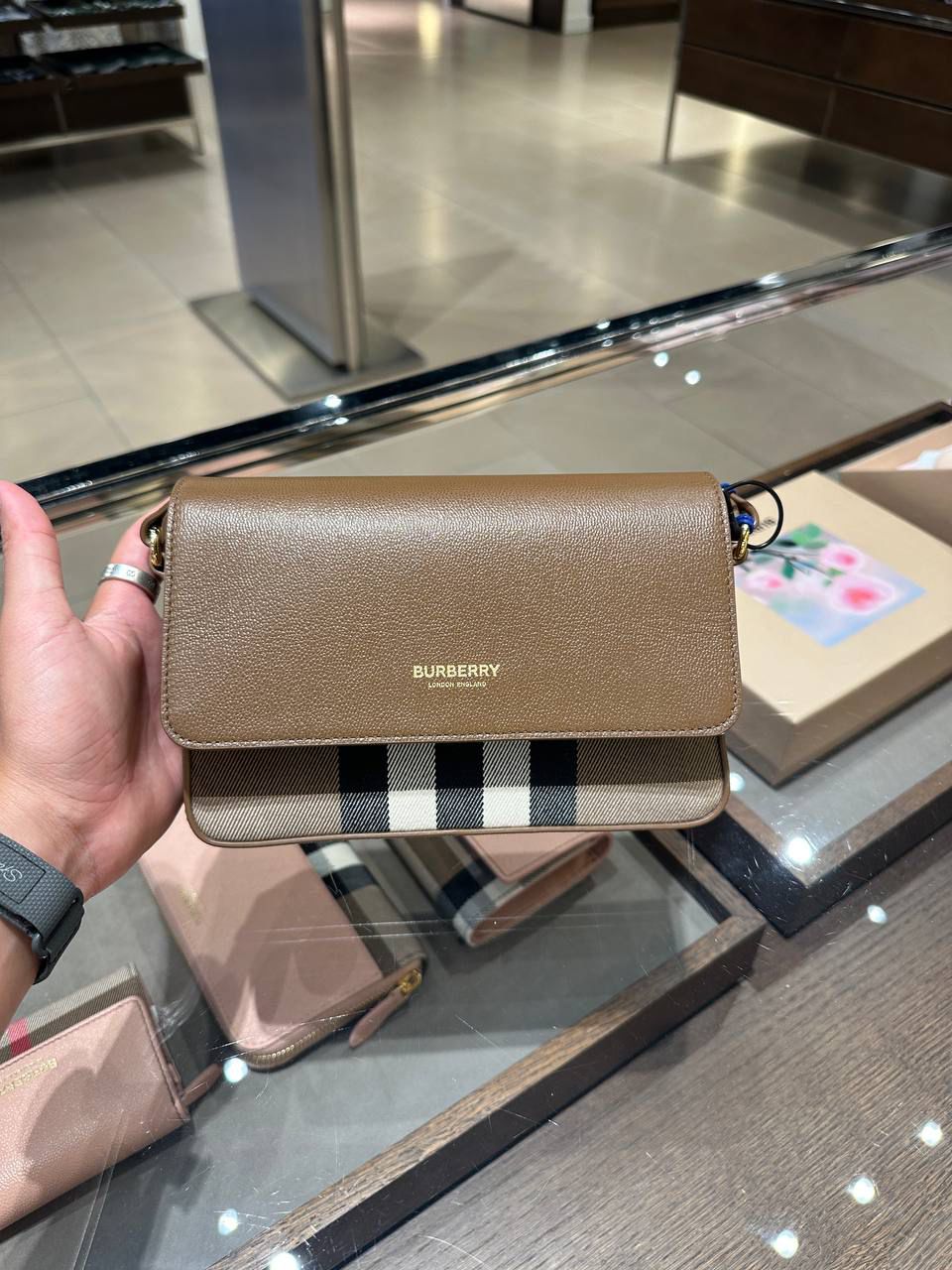 Check and Leather Crossbody Bag