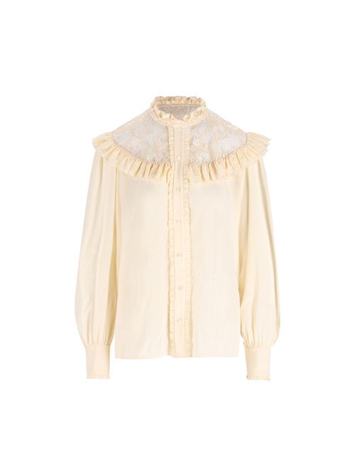 Blusa a collo alto con volant in crêpe de chine e pizzo