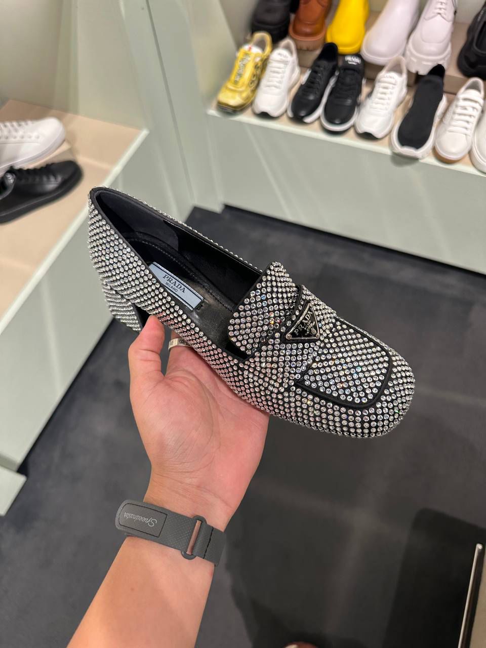 Crystal-embellished brushed leather loafers