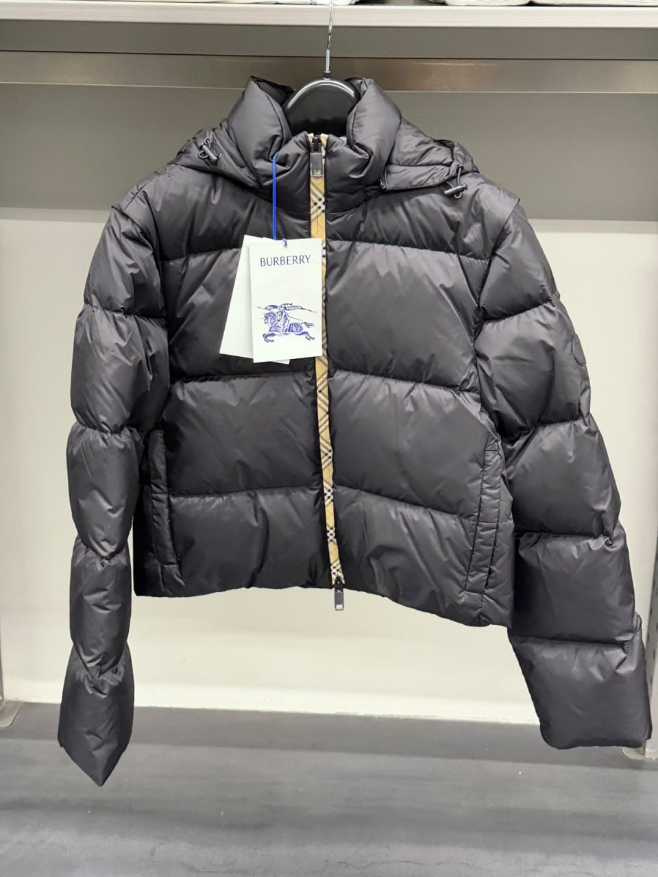 Detachable Hood Check Trim Puffer Jacket