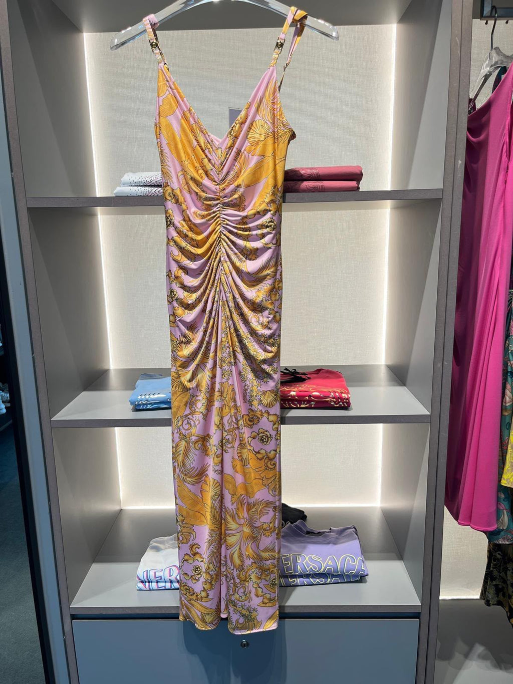 Barocco Print Ruched Midi Dress