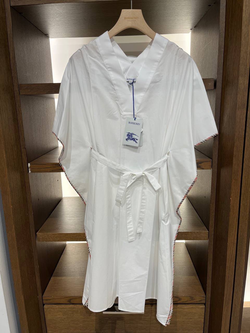 Check Trim Cotton Kaftan Dress