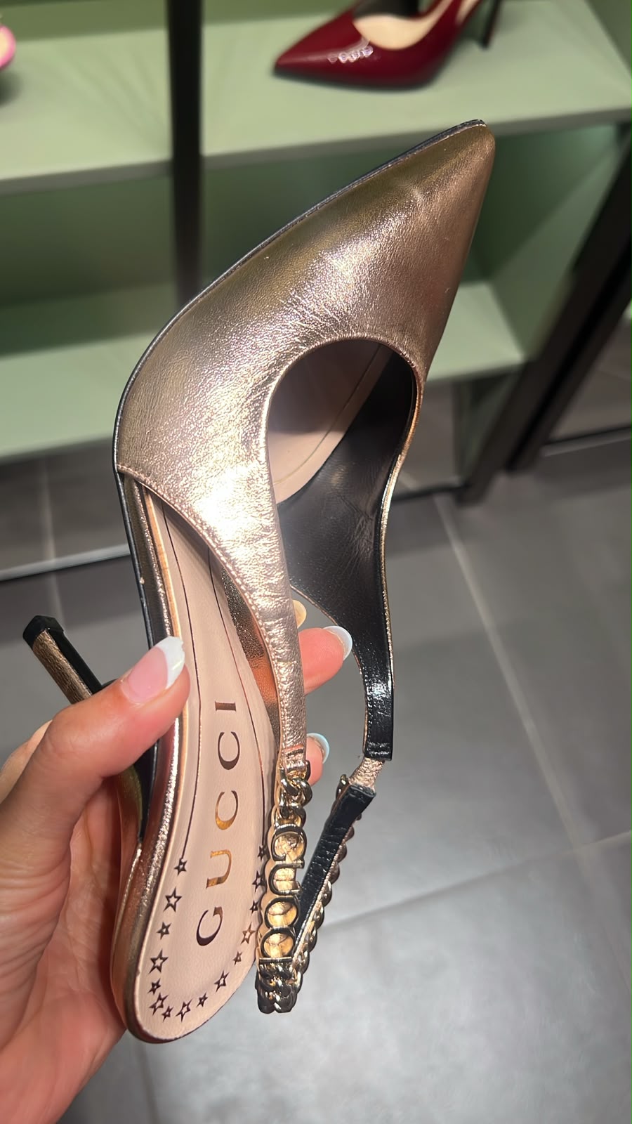 Metallic Leather Slingback Pump with Chain