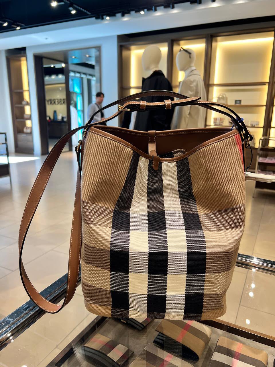 Check Canvas and Leather Bucket Bag