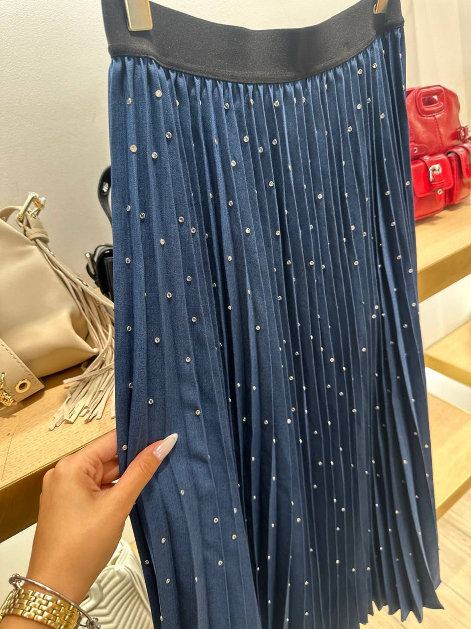Rhinestone Embellished Pleated Midi Skirt