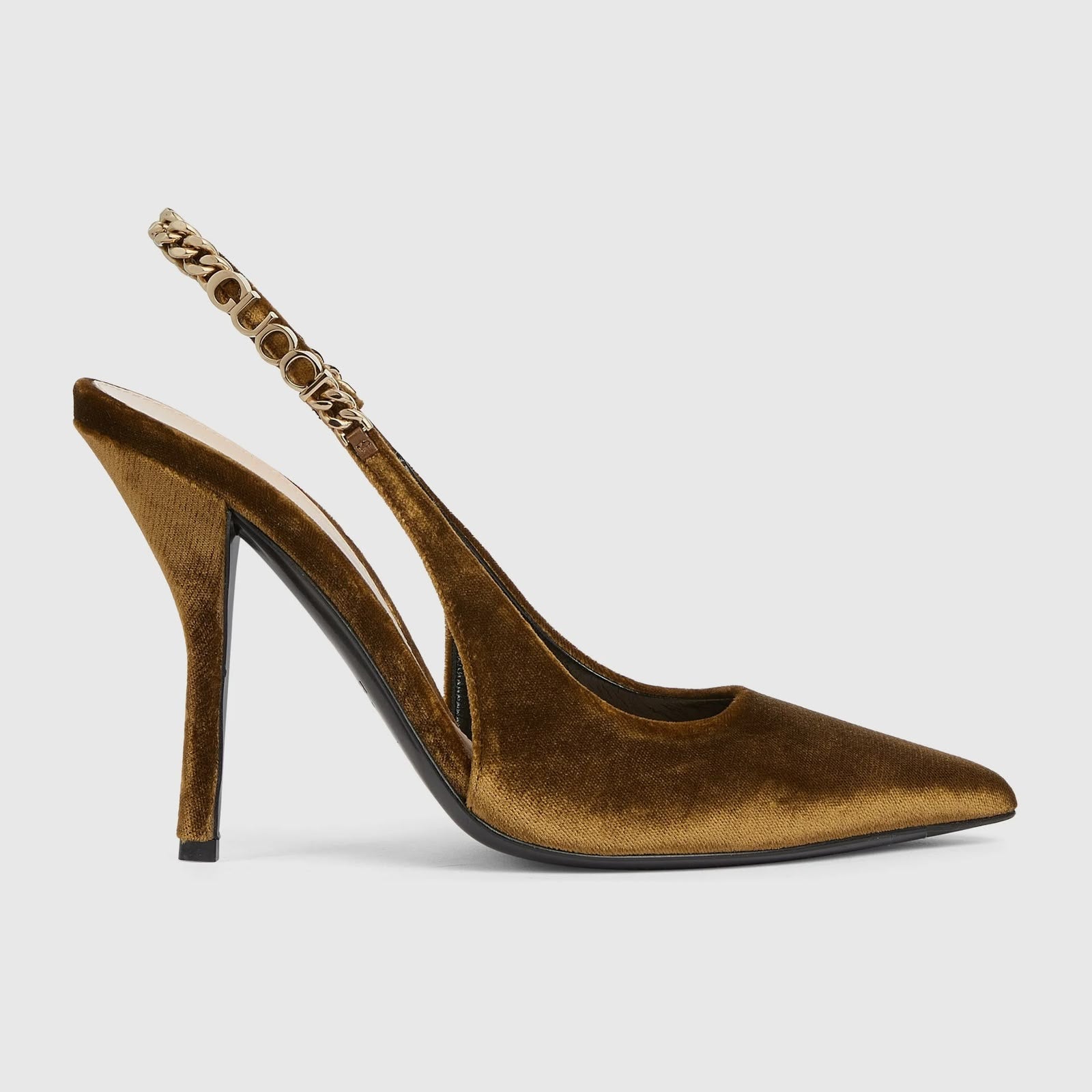 Velvet slingback pump with logo chain