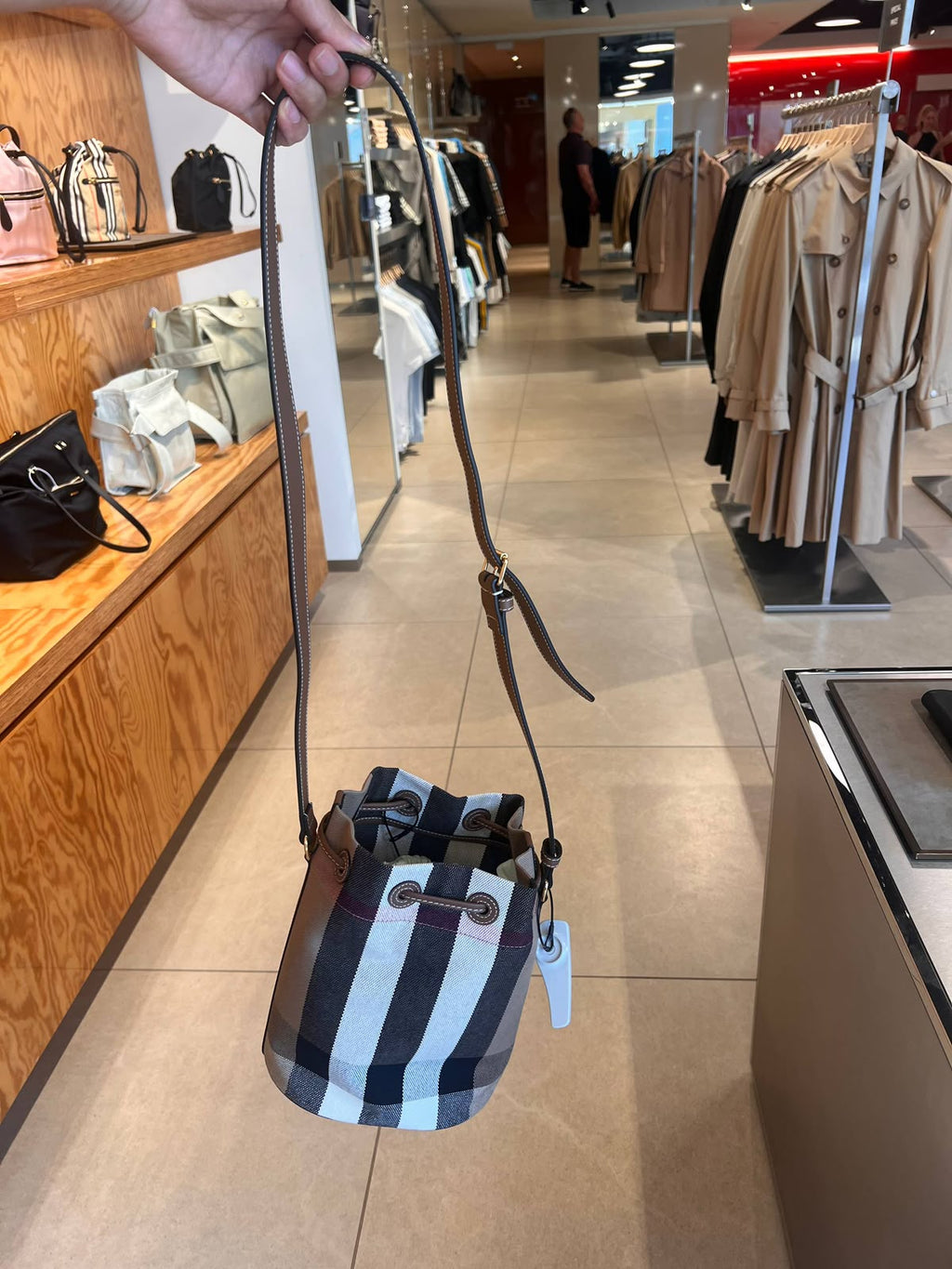 Check Canvas and Leather Bucket Bag