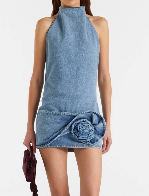 Denim Mini Dress with Rose Detail