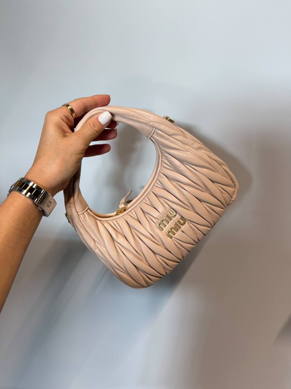Miu Wander Matelassé Nappa Leather Mini Hobo Bag
