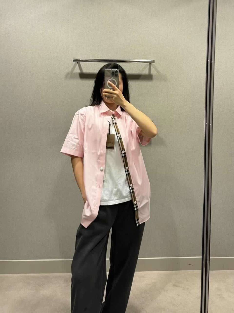 Short-sleeve Check Placket Cotton Shirt