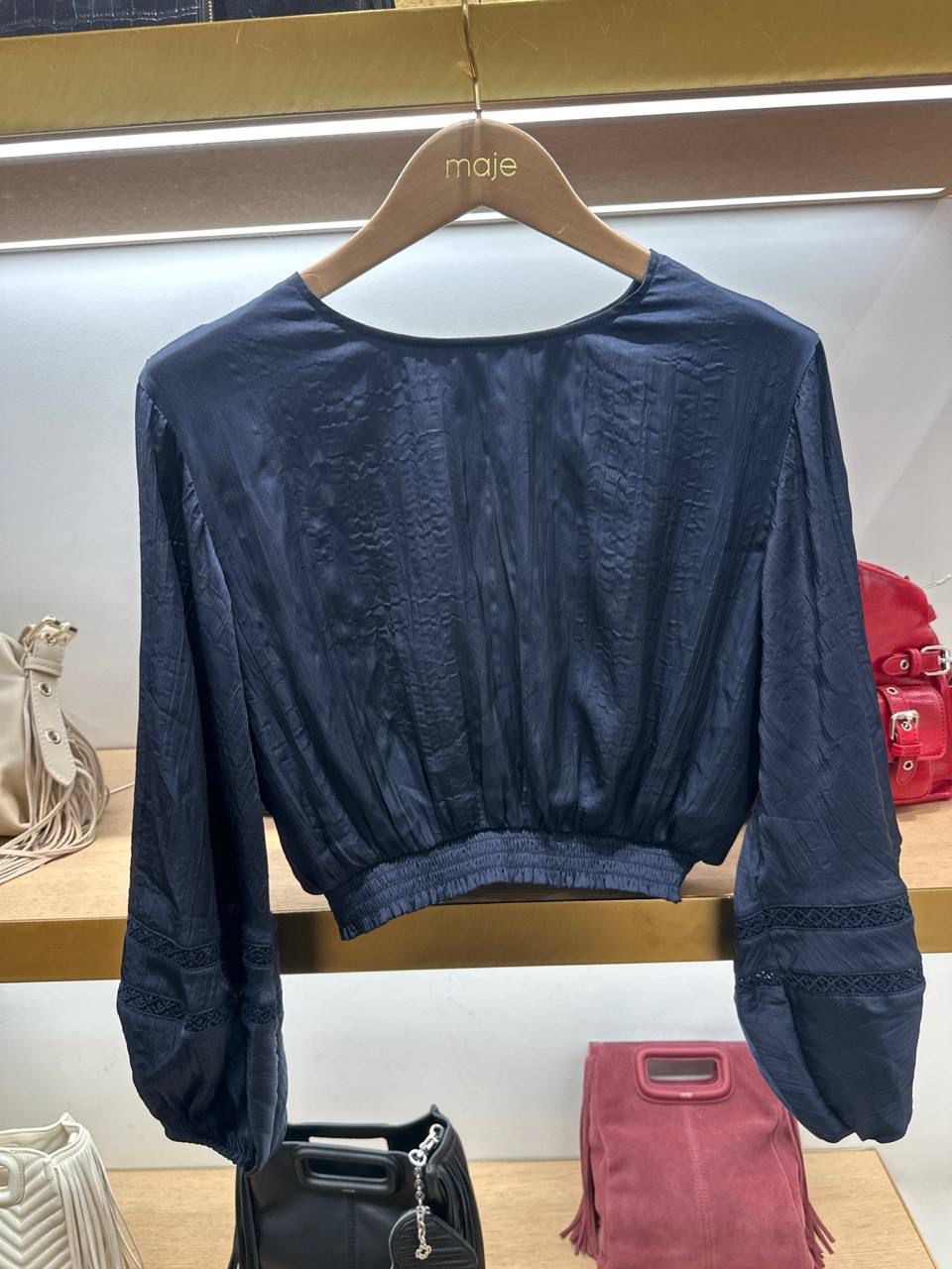 Long-sleeved satin-effect blouse with lace trim