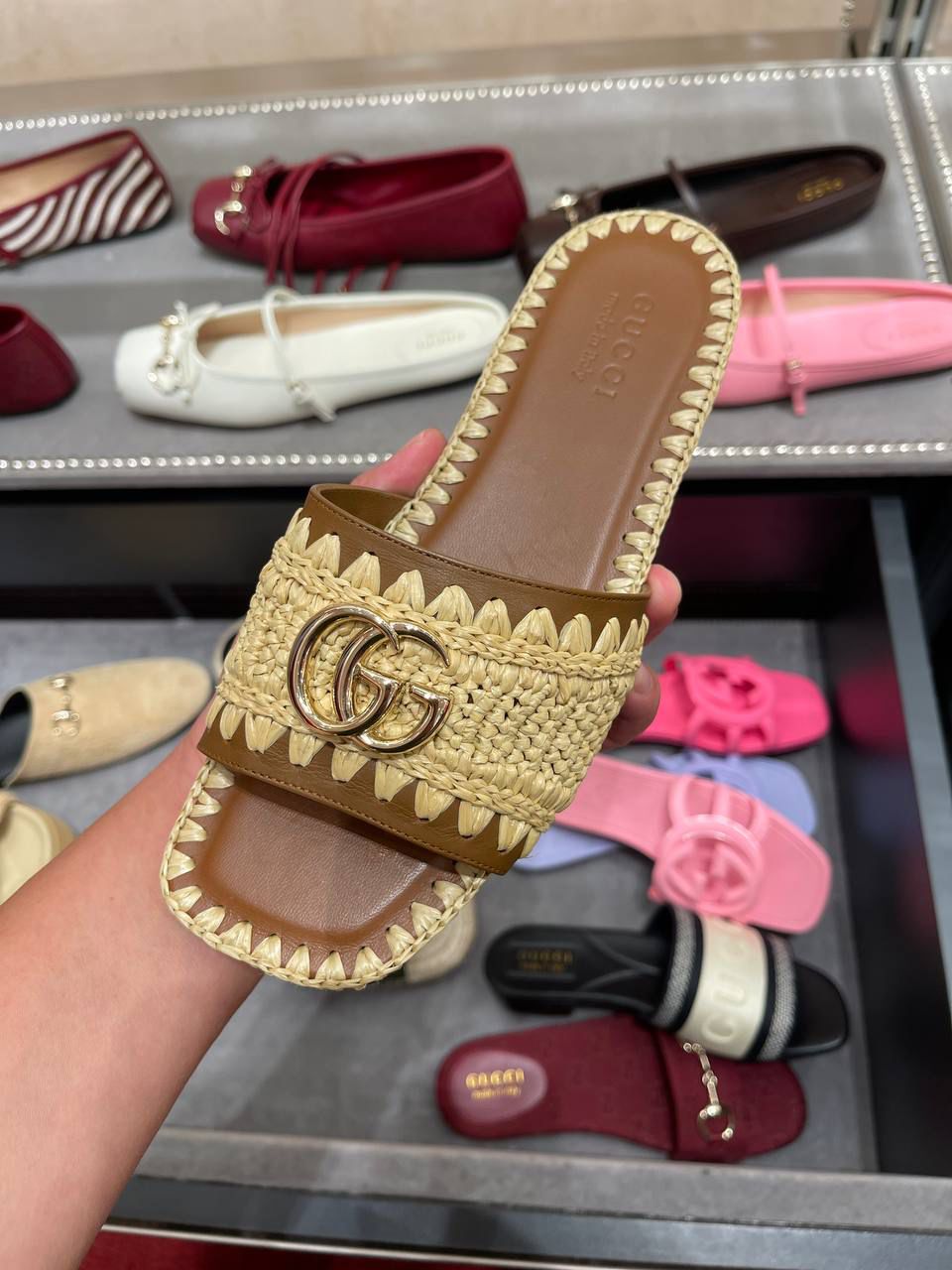 Double G Raffia Slide Sandal