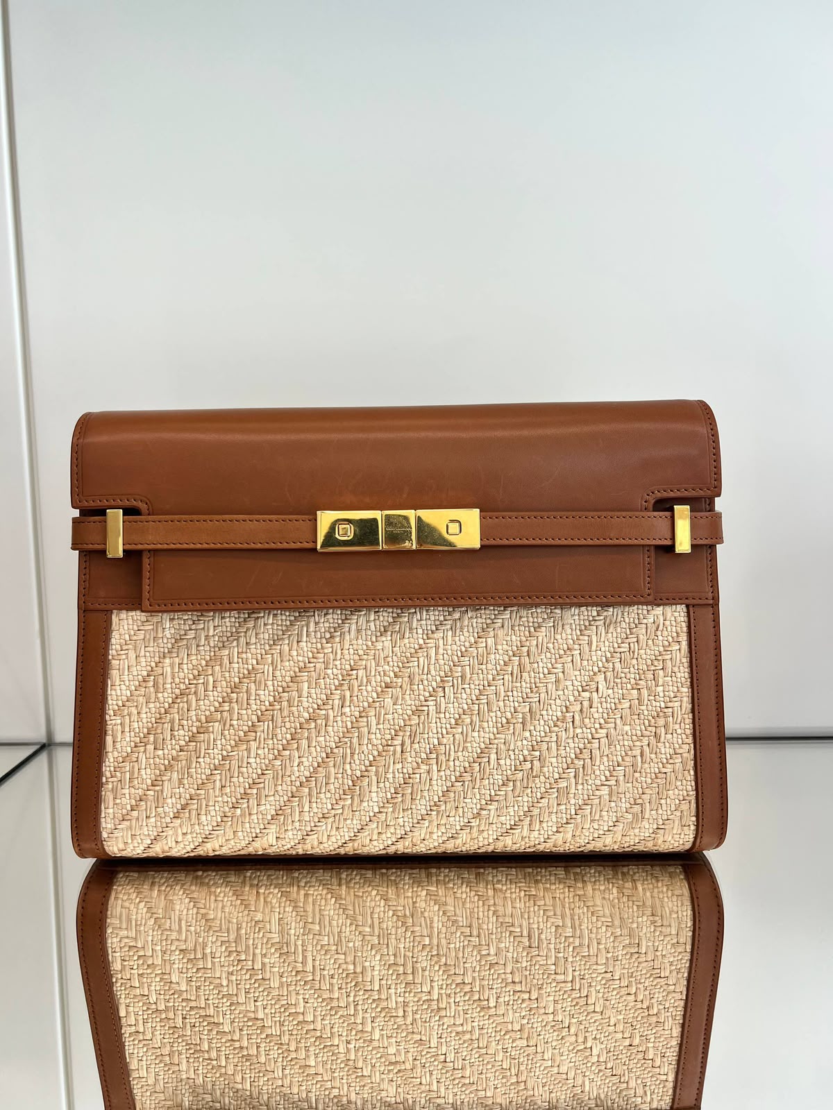 Manhattan Small Shoulder Bag in Box Leather and Raffia