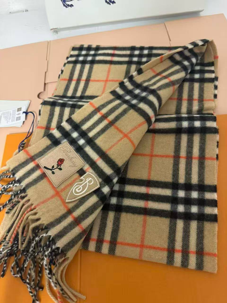 Check Cashmere Scarf with Rose and Logo Appliqué