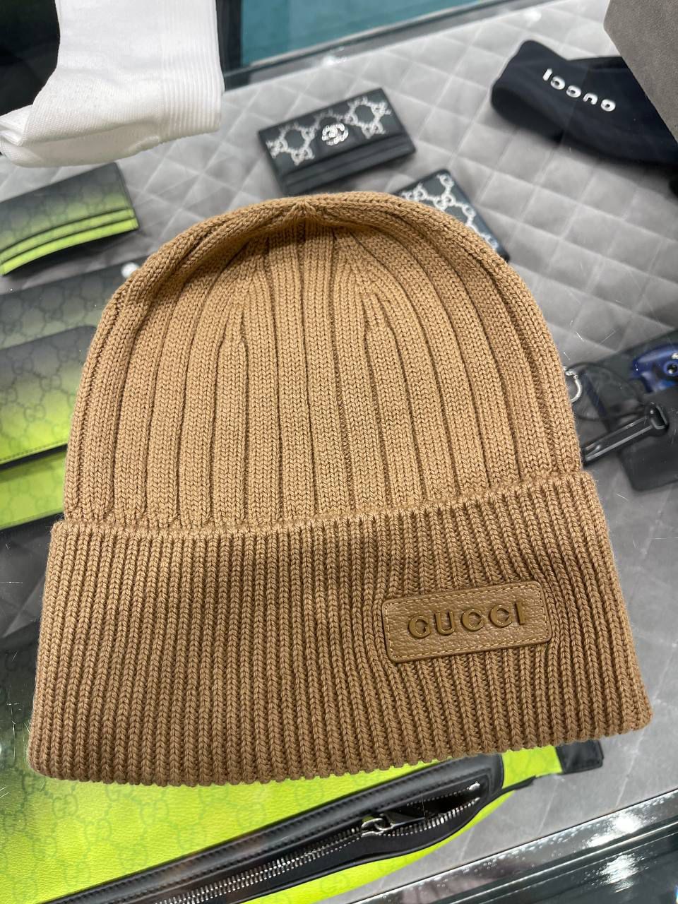 Ribbed Wool Beanie with Leather Logo Patch