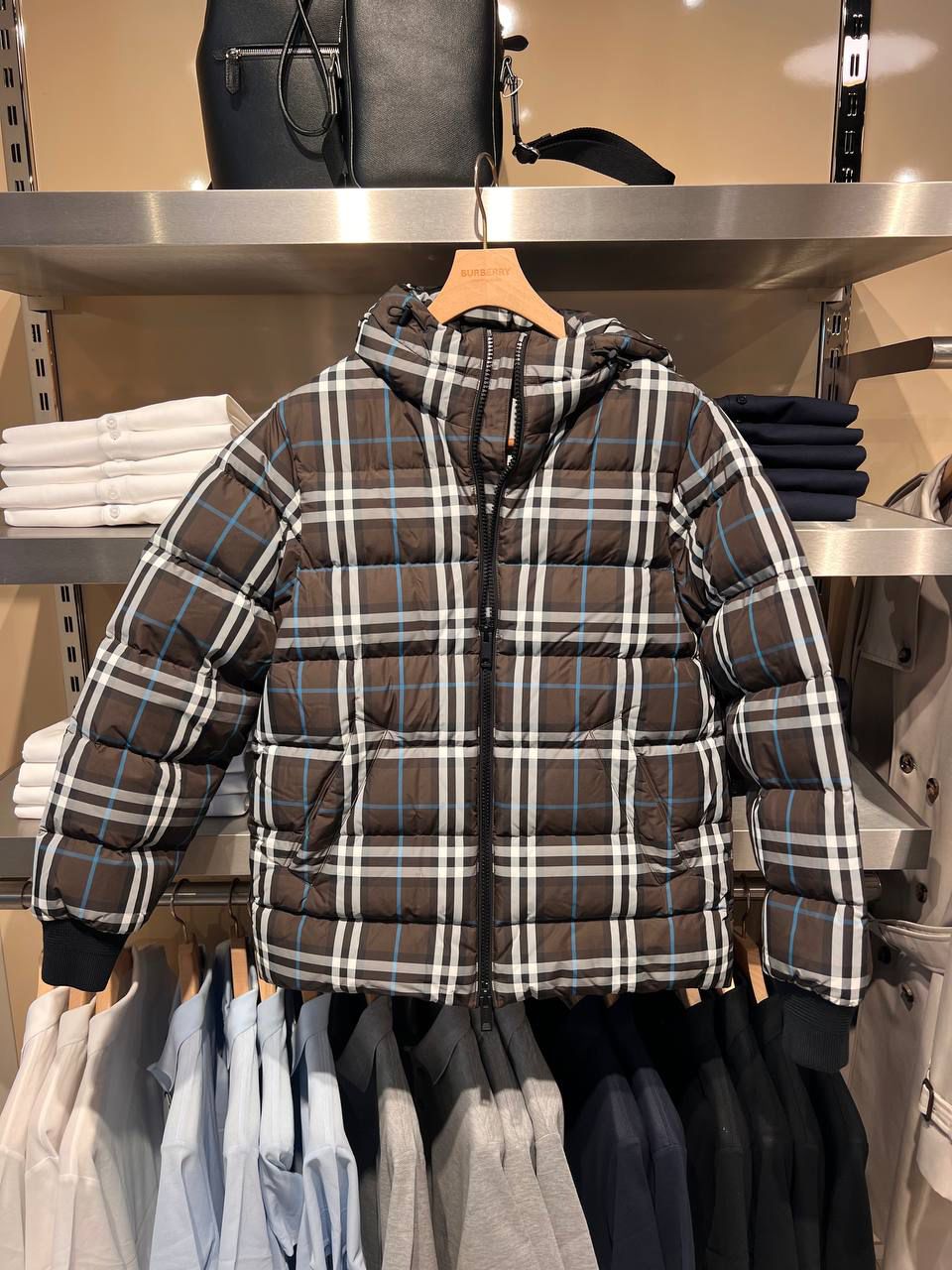 Check Down-filled Hooded Puffer Jacket