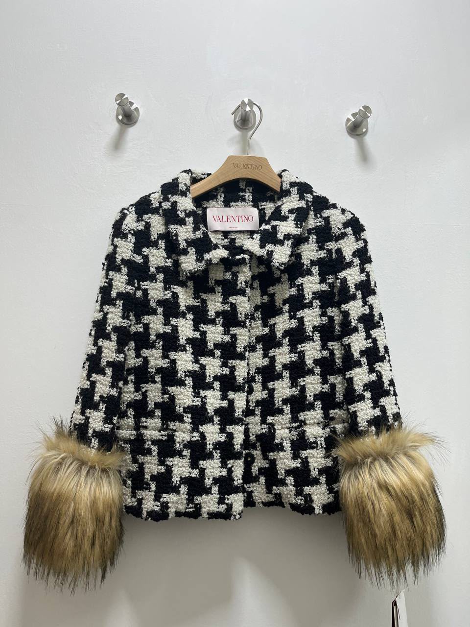 Houndstooth Tweed Jacket with Faux Fur Cuffs