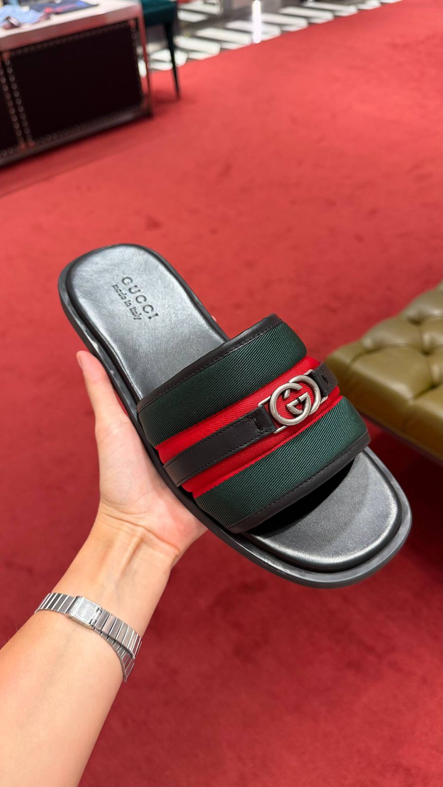 Web slide sandal with Interlocking G
