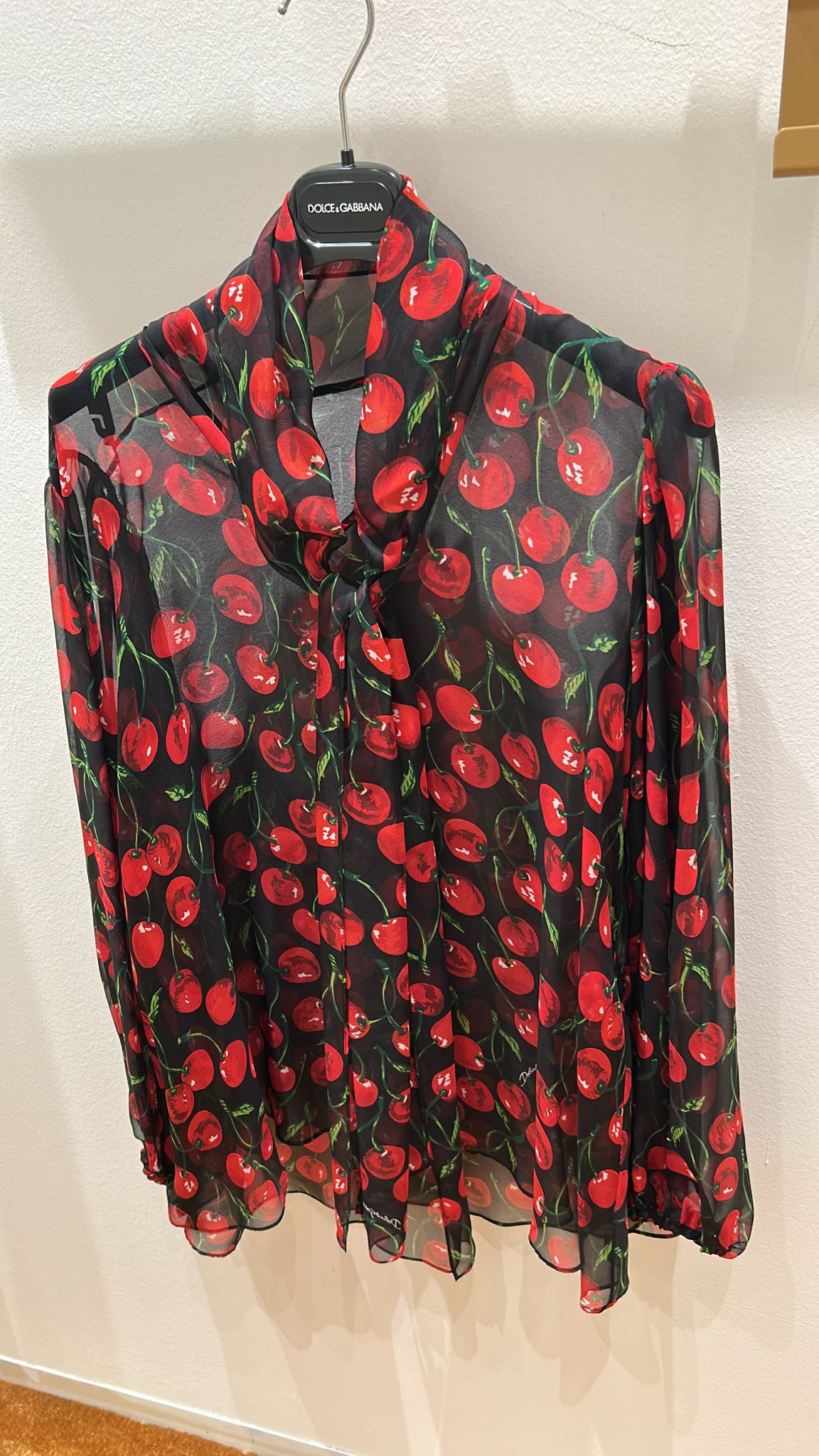 Cherry Print Silk Chiffon Pussy-Bow Blouse