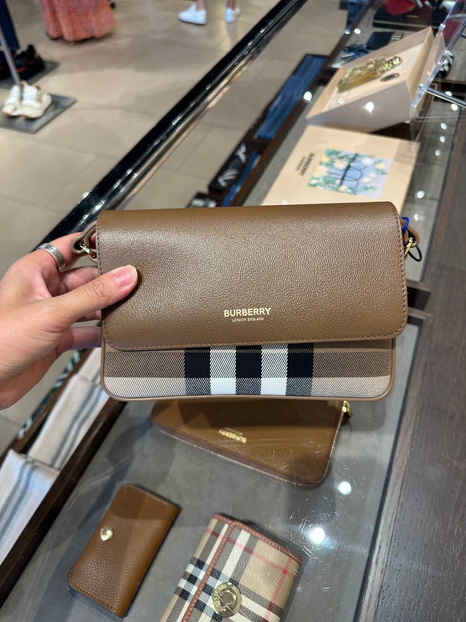 Check and Leather Crossbody Bag