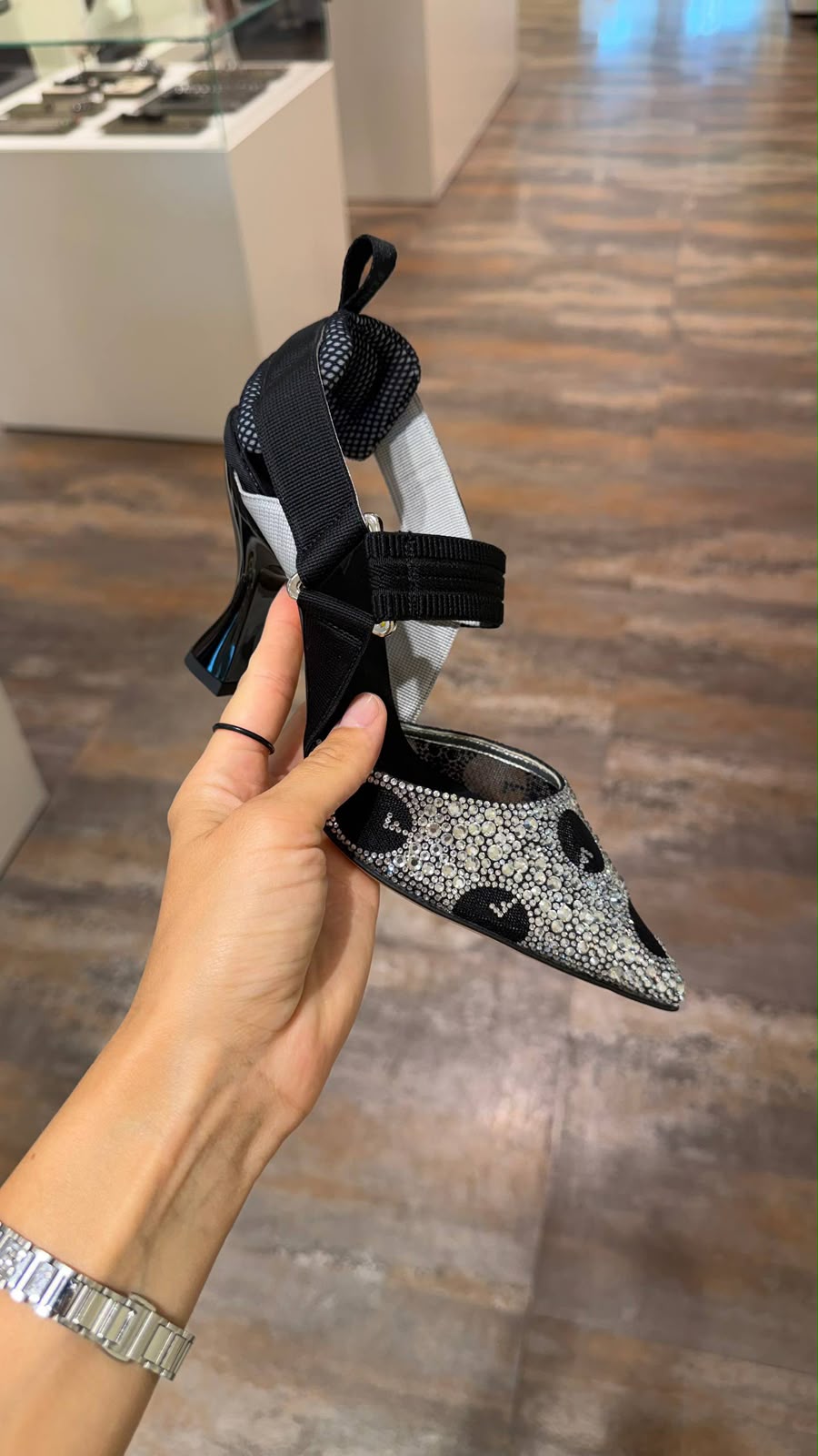 Crystal-embellished logo slingback pumps