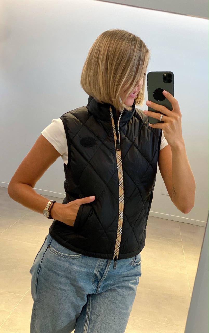 Diamond Quilted Vest with Vintage Check Trim
