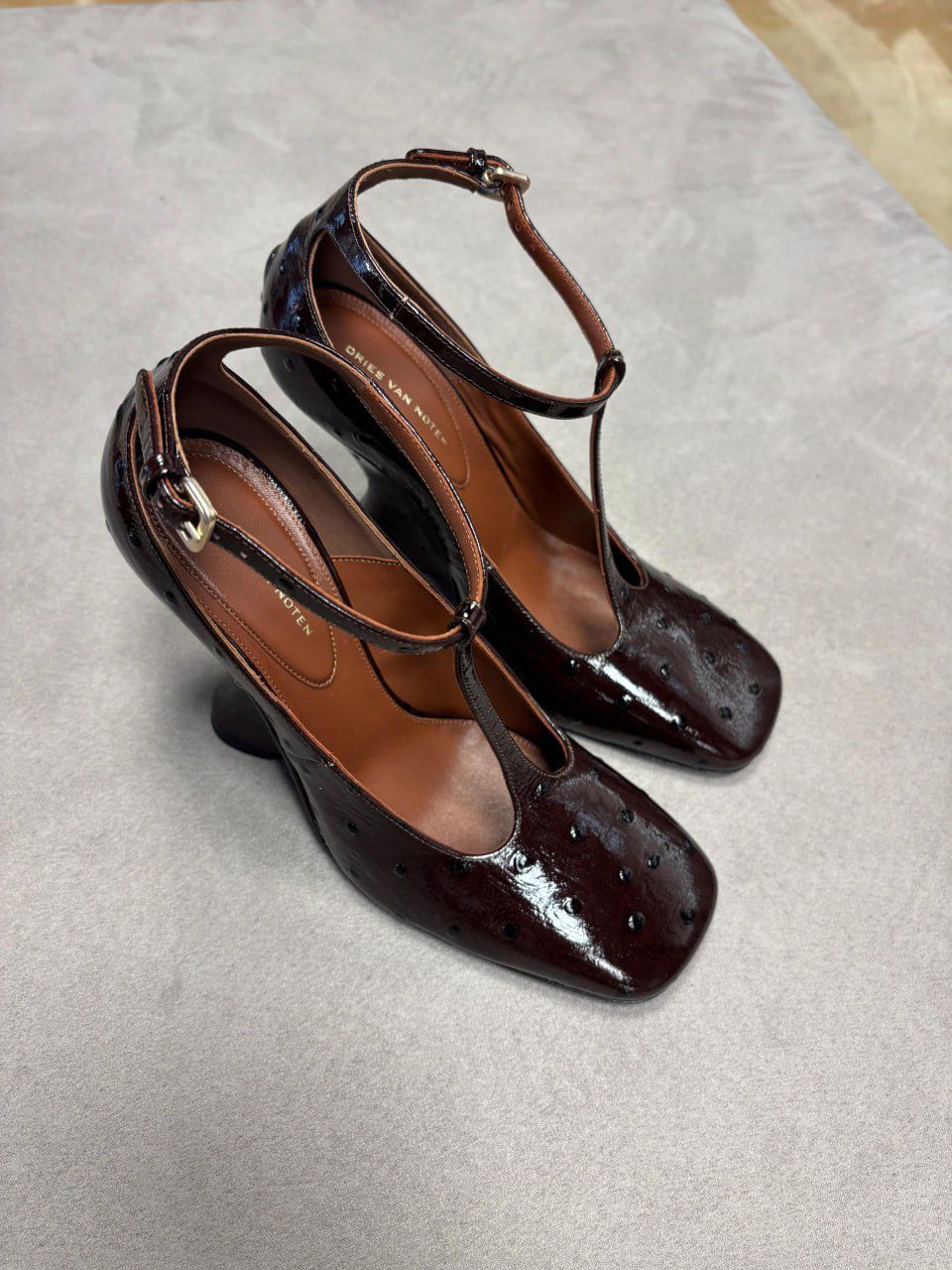 T-strap Ostrich-Effect Patent Leather Pumps