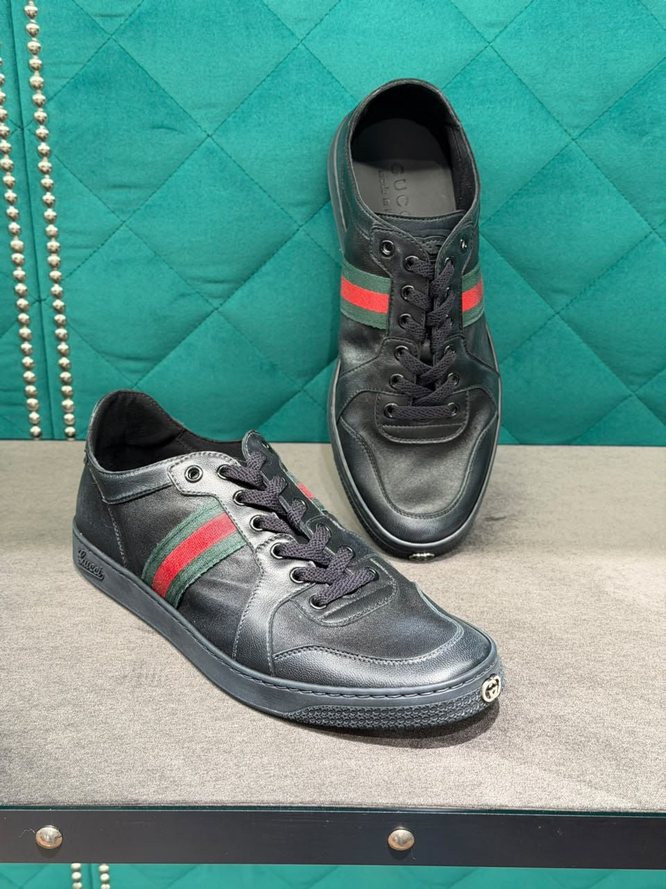 Men's Black Leather Low-Top Sneaker with Web