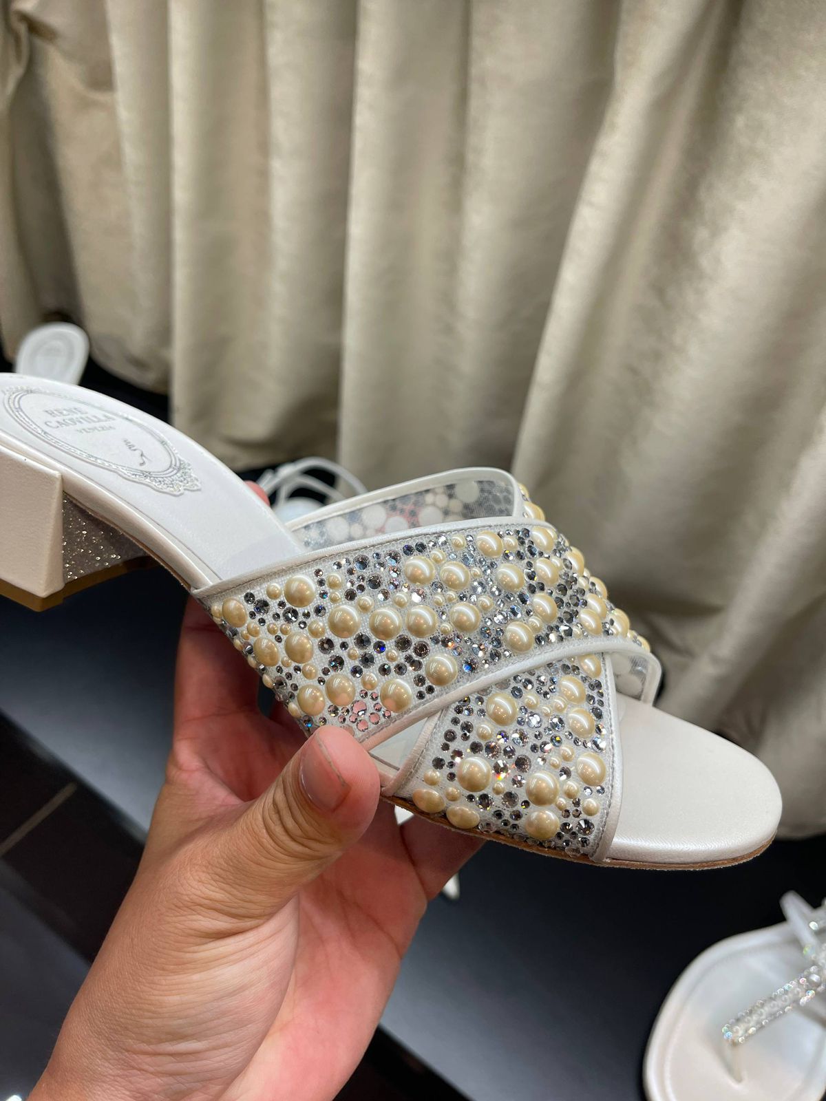 René Caovilla Pearl and Crystal Embellished Block Heel Mules