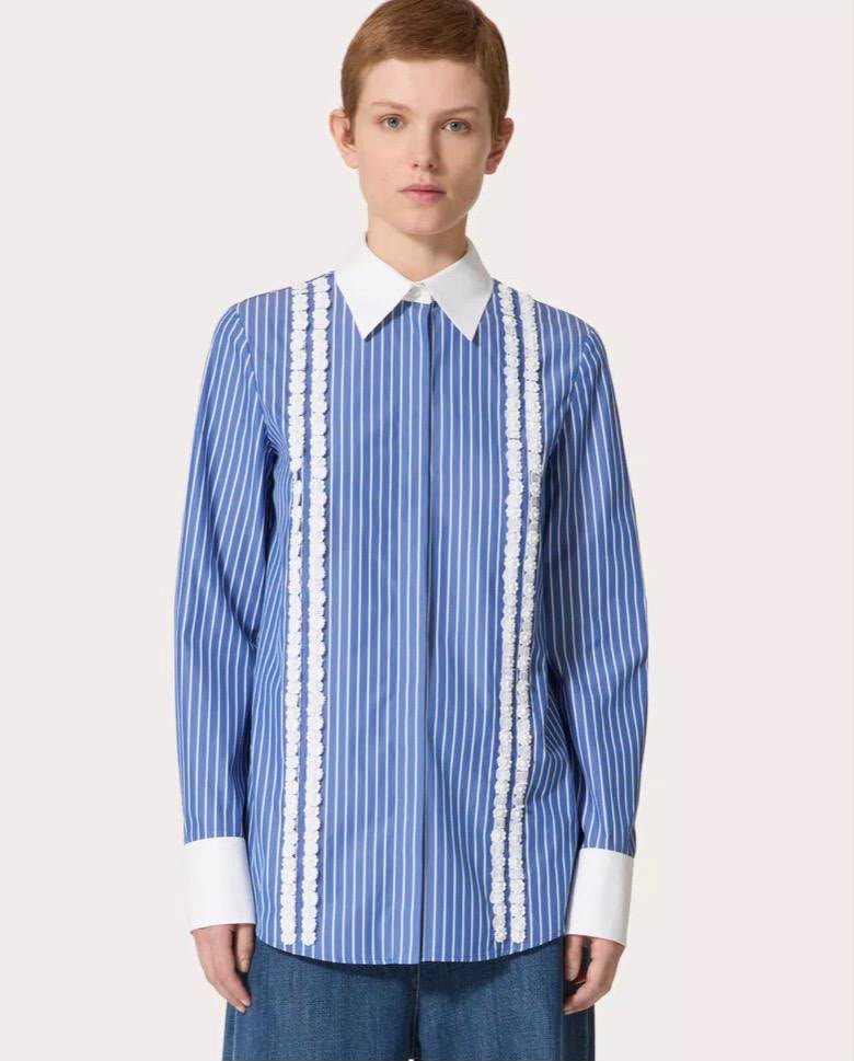 Striped Poplin Shirt with Lace Inserts