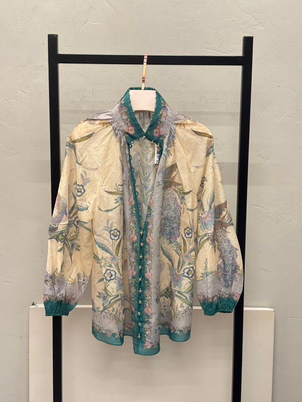 Peacock Print Mandarin Collar Blouse