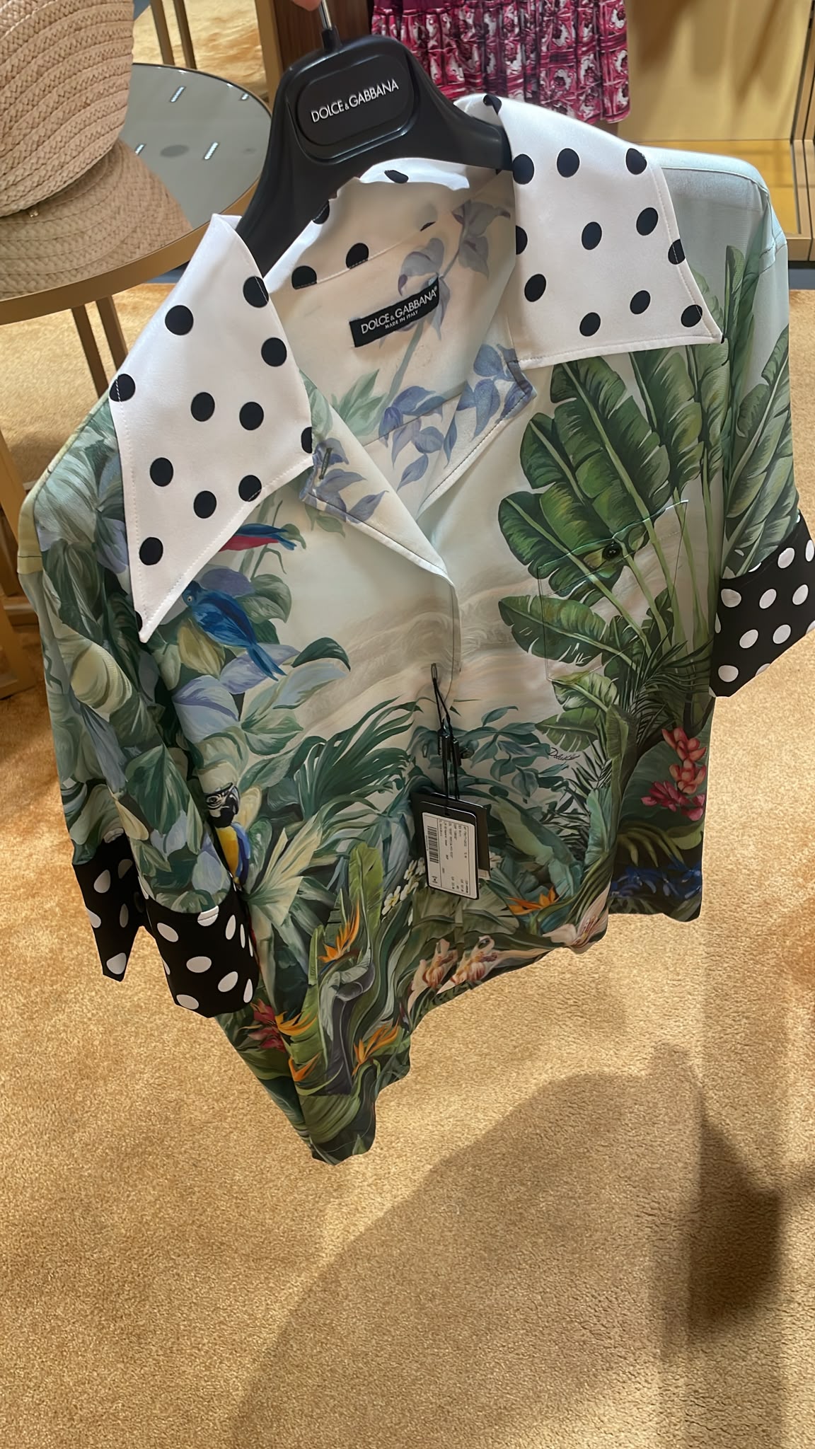 Tropical Print Silk Twill Shirt with Polka Dot Details