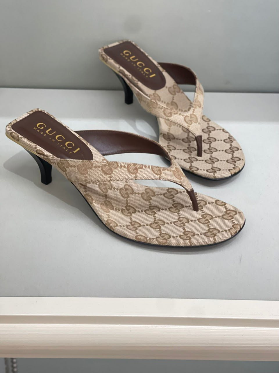 GG Canvas Kitten Heel Thong Sandals