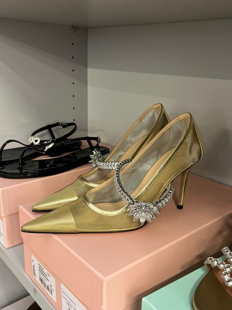 Double Crystal-Embellished Mesh Pumps