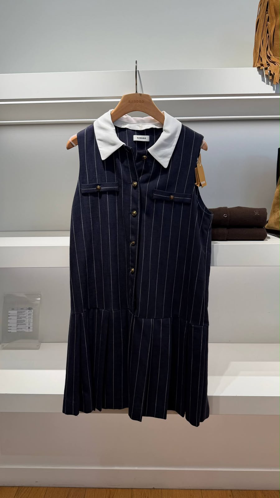 Sleeveless pinstripe dress with contrasting collar