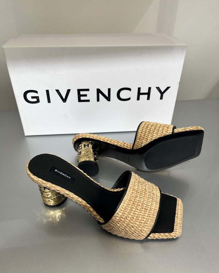 Raffia Mules with Sculptural Gold Heel