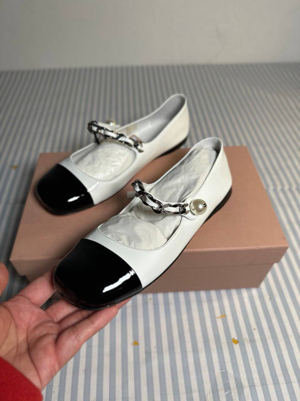 Chain-Embellished Cap-Toe Ballet Flats