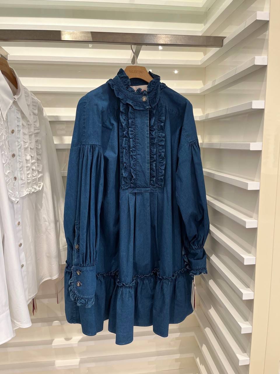 Denim Ruffle-Trimmed Mini Dress