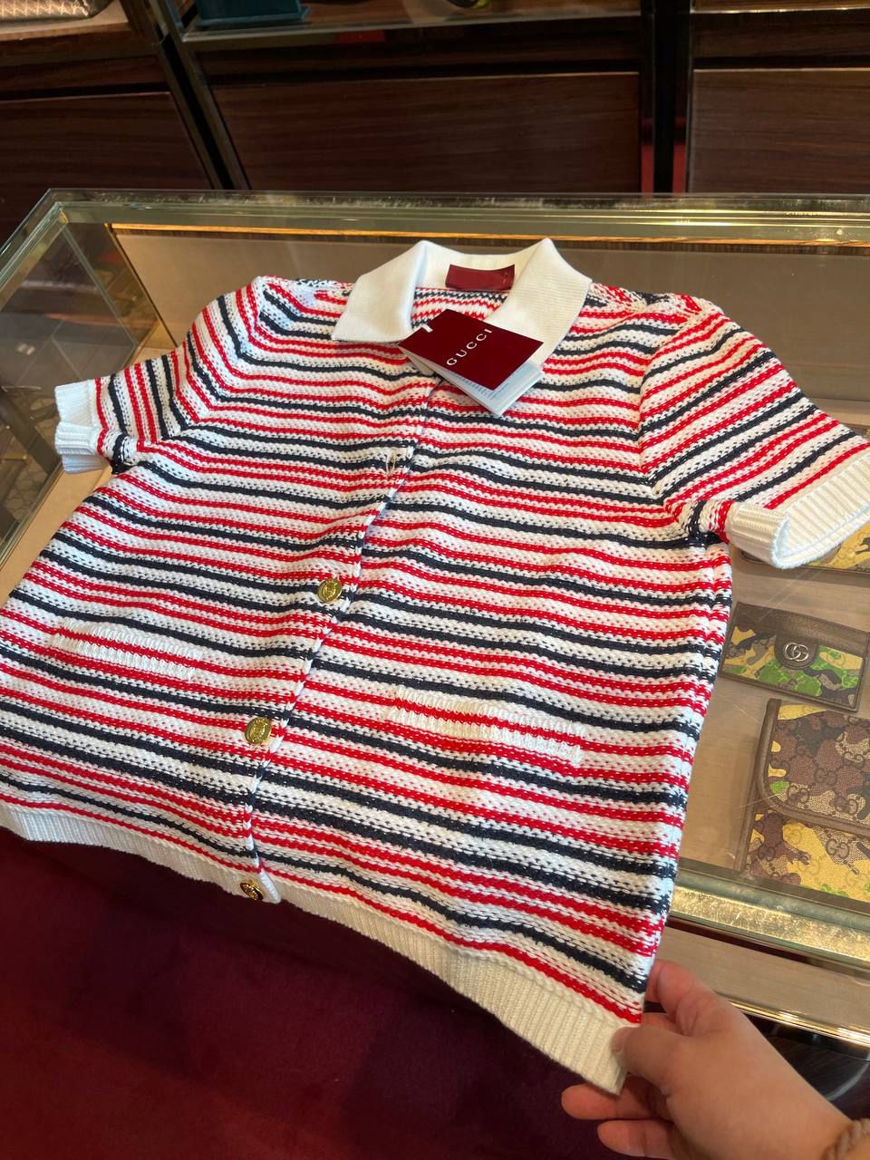Striped Cotton Knit Polo Cardigan