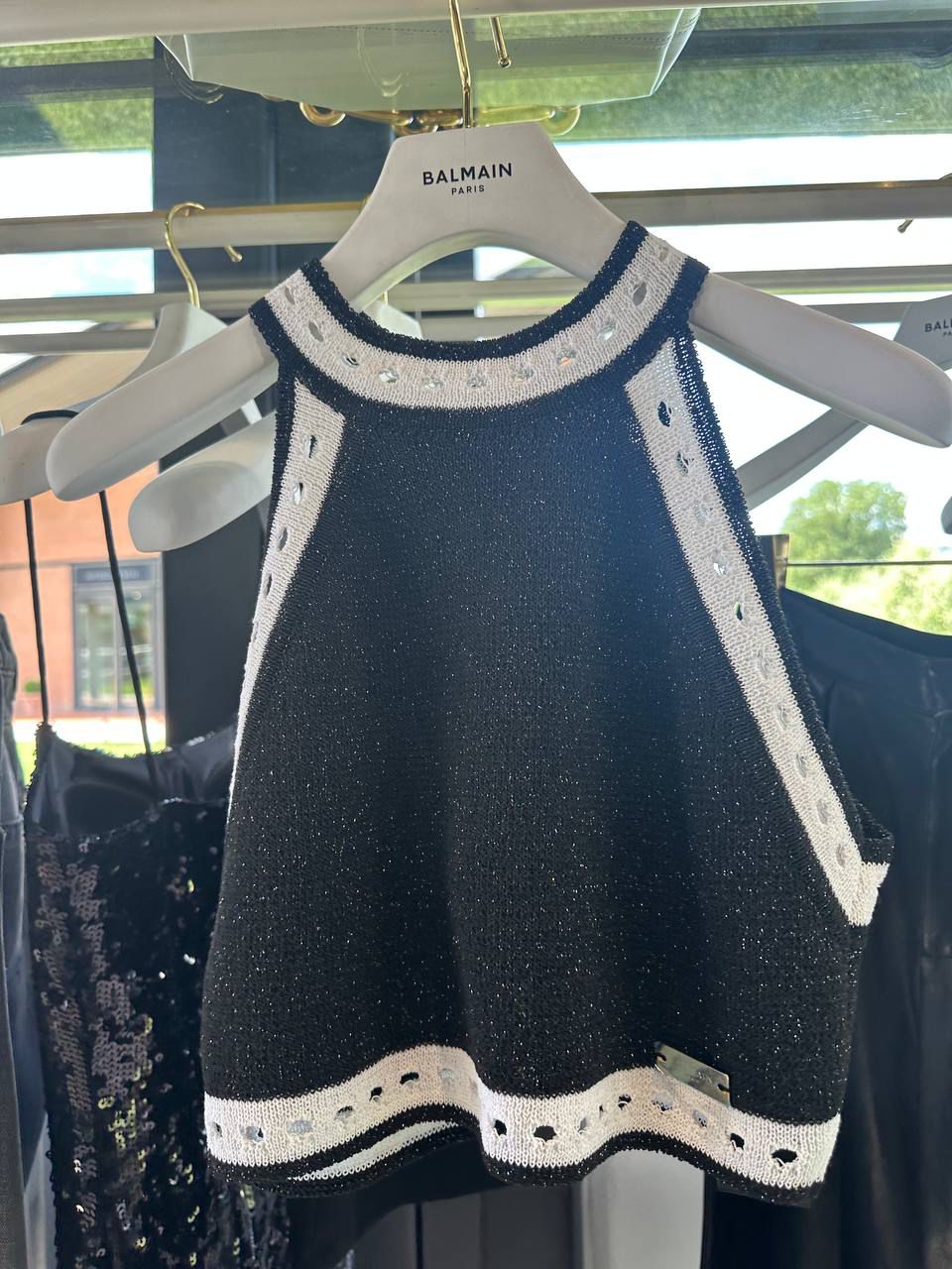 Black and White Knit Halter Top with Crystal Embellishments