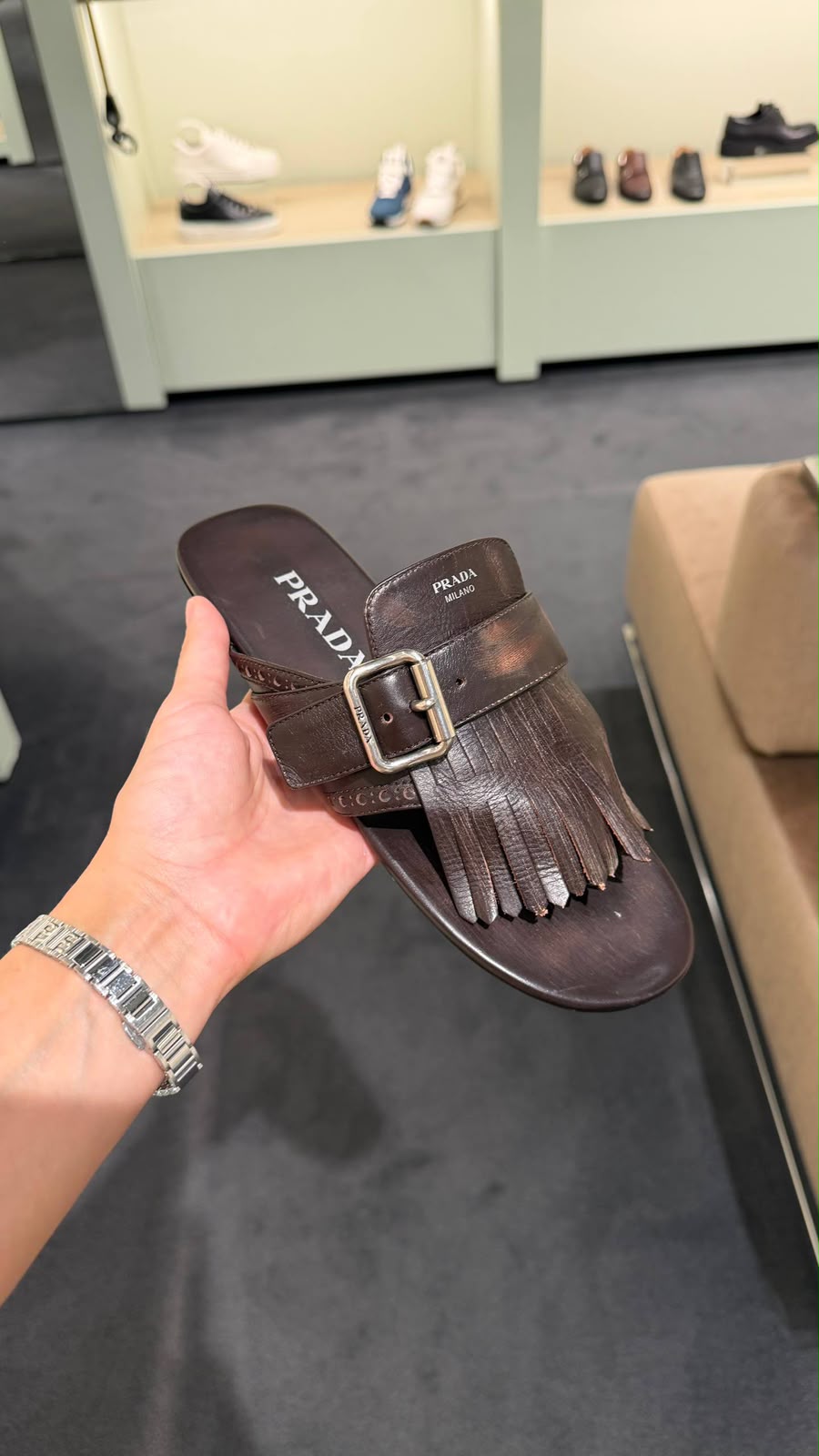Brushed Leather Slides with Fringe