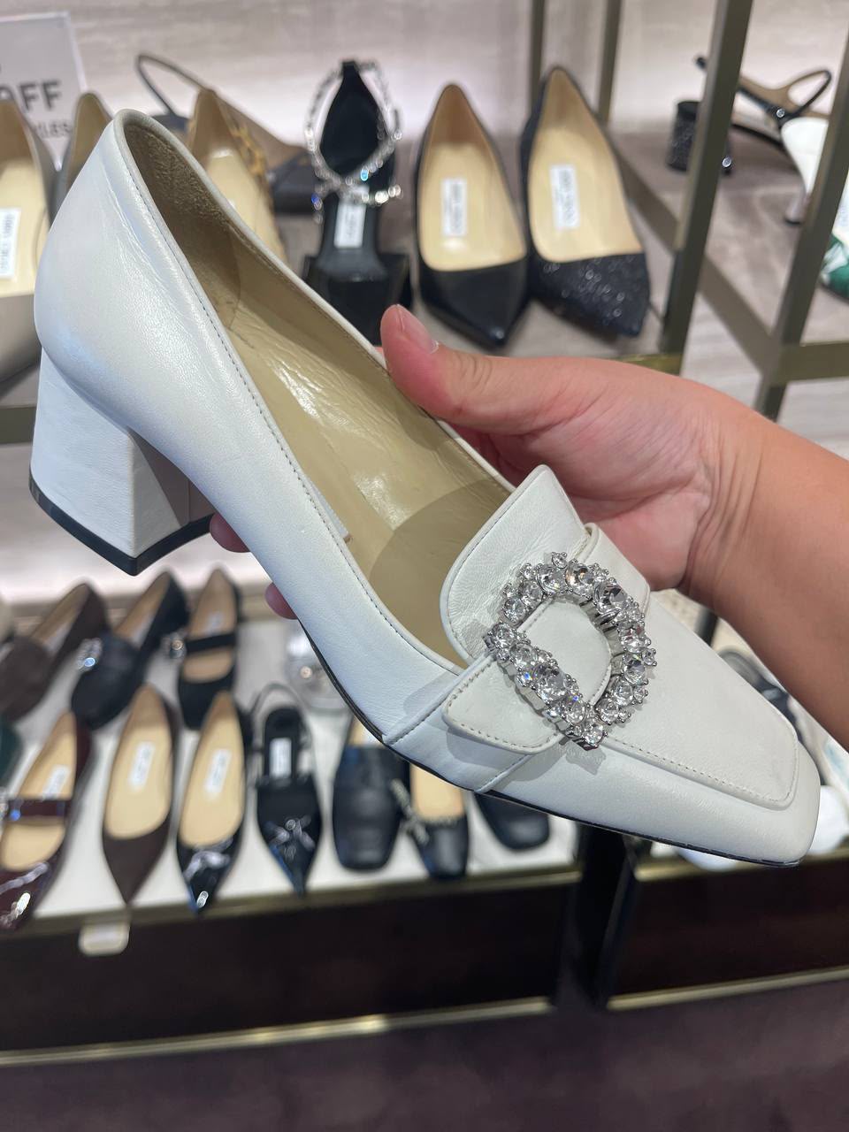Crystal-Buckle Block Heel Loafer Pumps