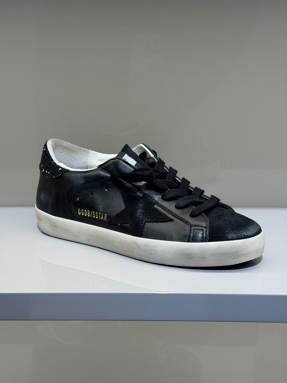 Super-Star Sneakers in Black Leather with Black Suede Star and Glitter Heel Tab