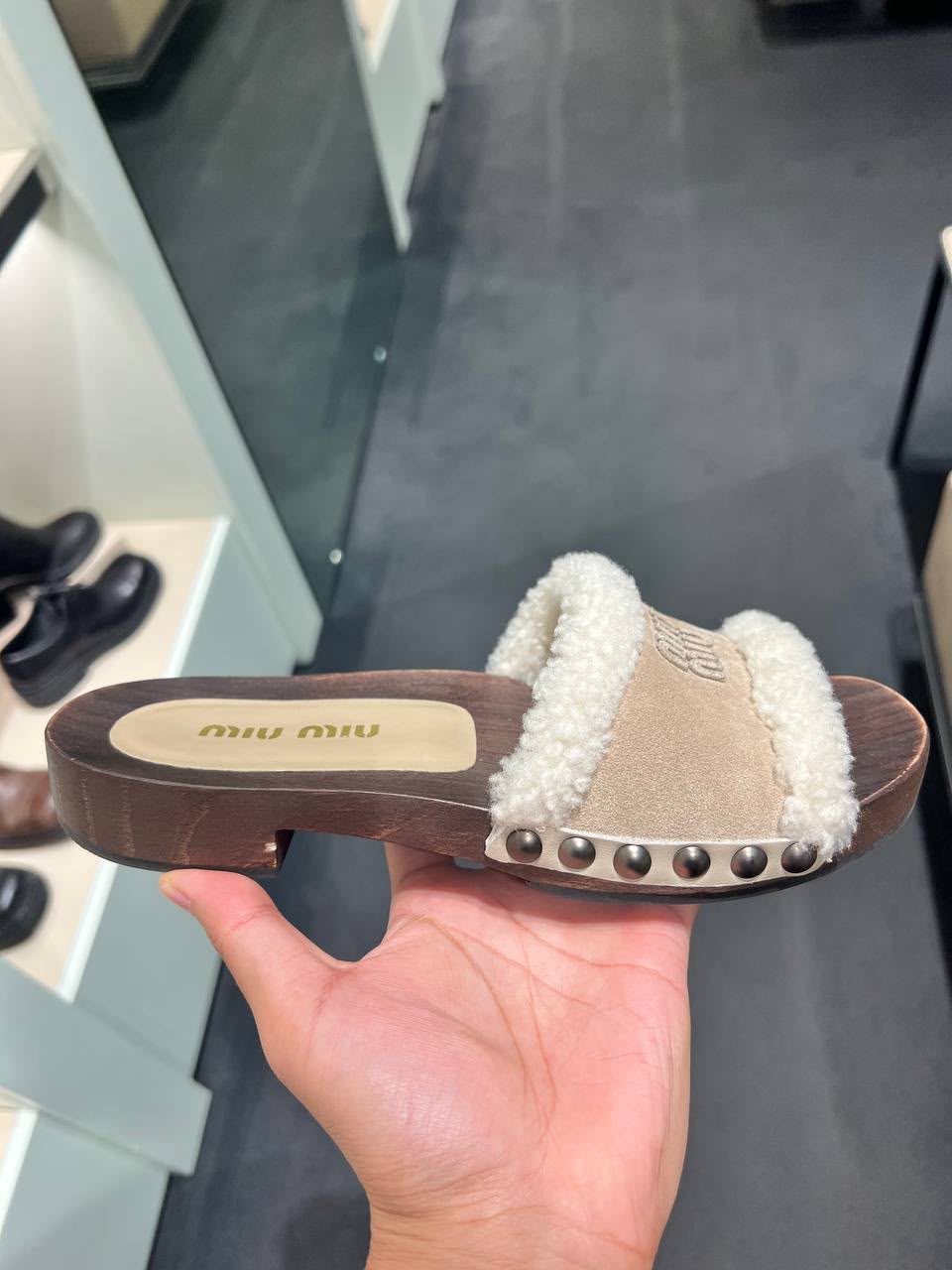 Shearling and suede clogs
