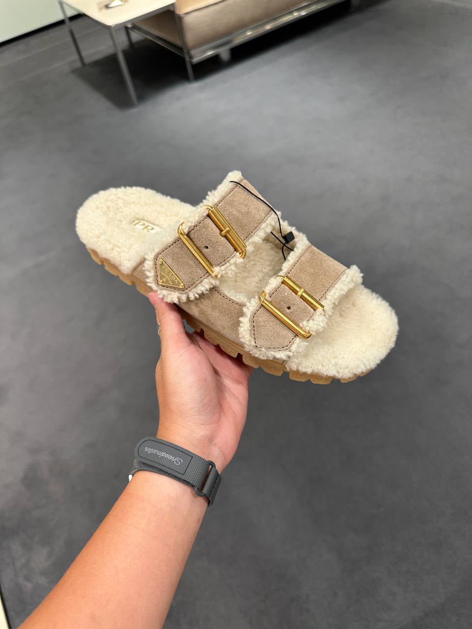 Shearling-lined suede slides